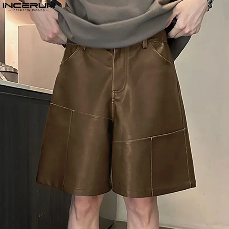 2024 Men Shorts Solid Color Button PU Leather Summer Fashion Casual Men Bottoms Streetwear Loose Leisure Shorts S-5XL INCERUN