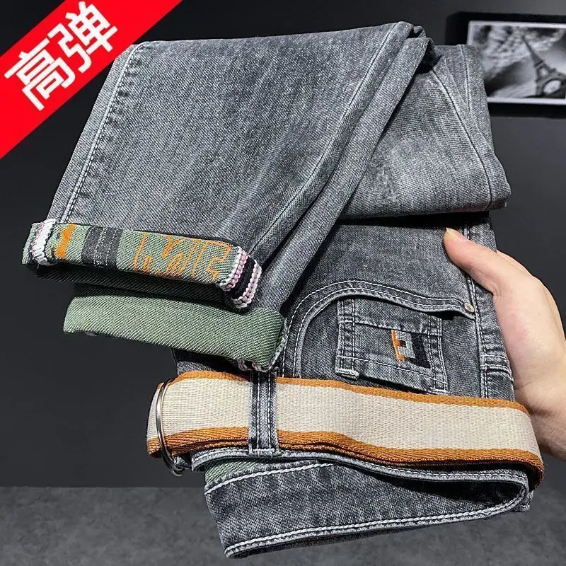 High-Quality Luxury Men\'s Jeans Designer Clothes for Men New 2023 Spring Summer Embroidered Black  Gray Slim Fit Cotton Trousers