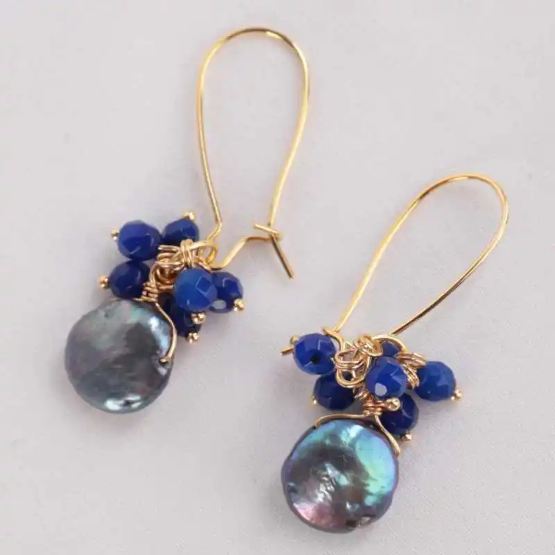 

Handmade peacock blue Pearl freshwater coin Pearl earrings Modern Hoop Unisex Wedding Women Drop Crystal Teens Minimalist
