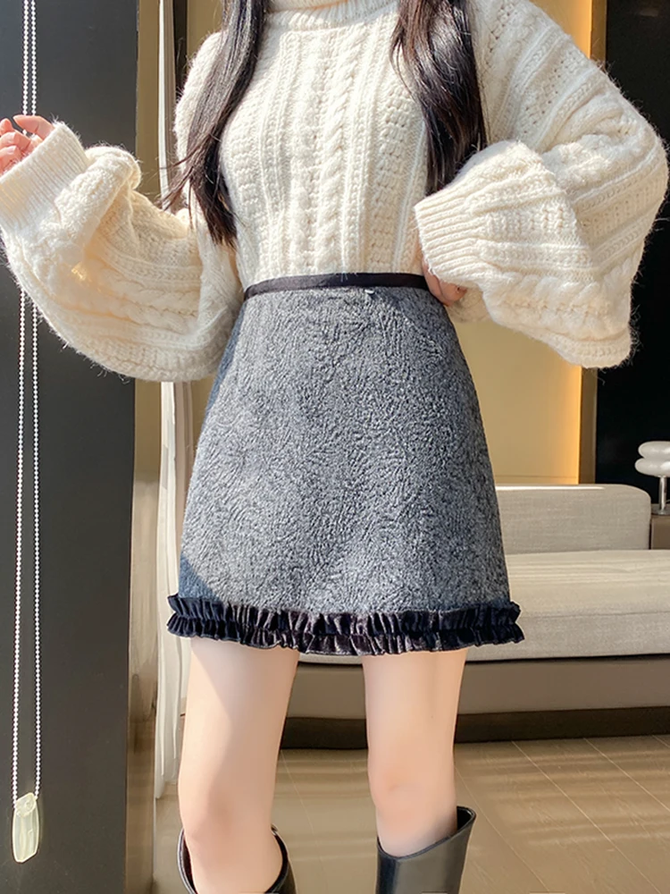 

Шерстяная облегающая юбка с высокой талией для женщин, модная осенне-зимняя короткая юбка, антистатическая, с дизайном под дерево, для повседневной носки