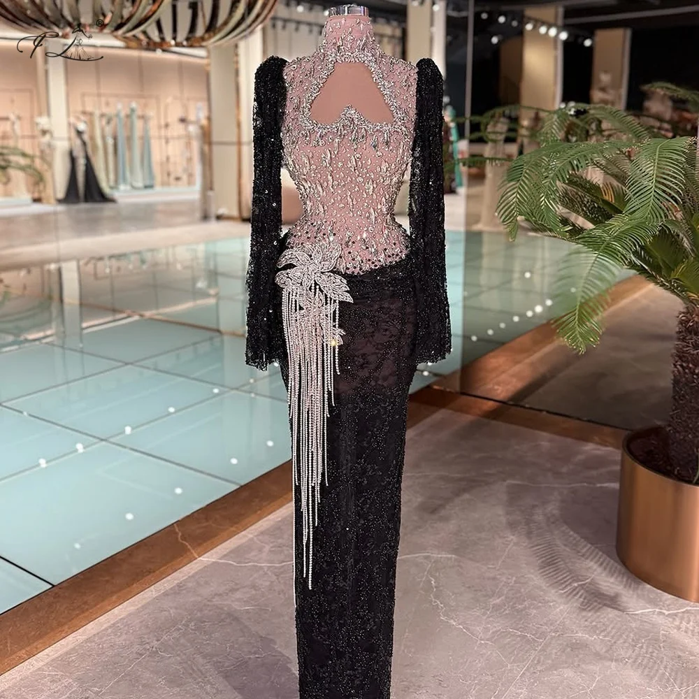 

Luxurious Black Lace Embroidered Evening Gown Crystal Flower Tassel Tulle Gown High Neck Long Sleeve Mermaid Gown Party Dress