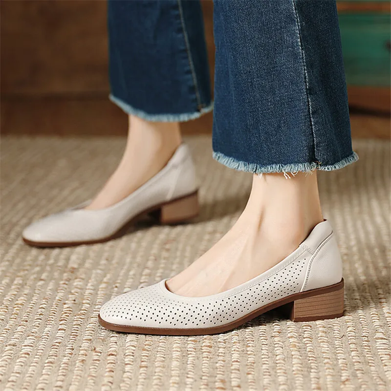 2023 New Fashion Hollow Out Women Pumps Square Toe Summer Shoes Chunky Heels Genuine Leather Shoes for Women Handmade Loafers