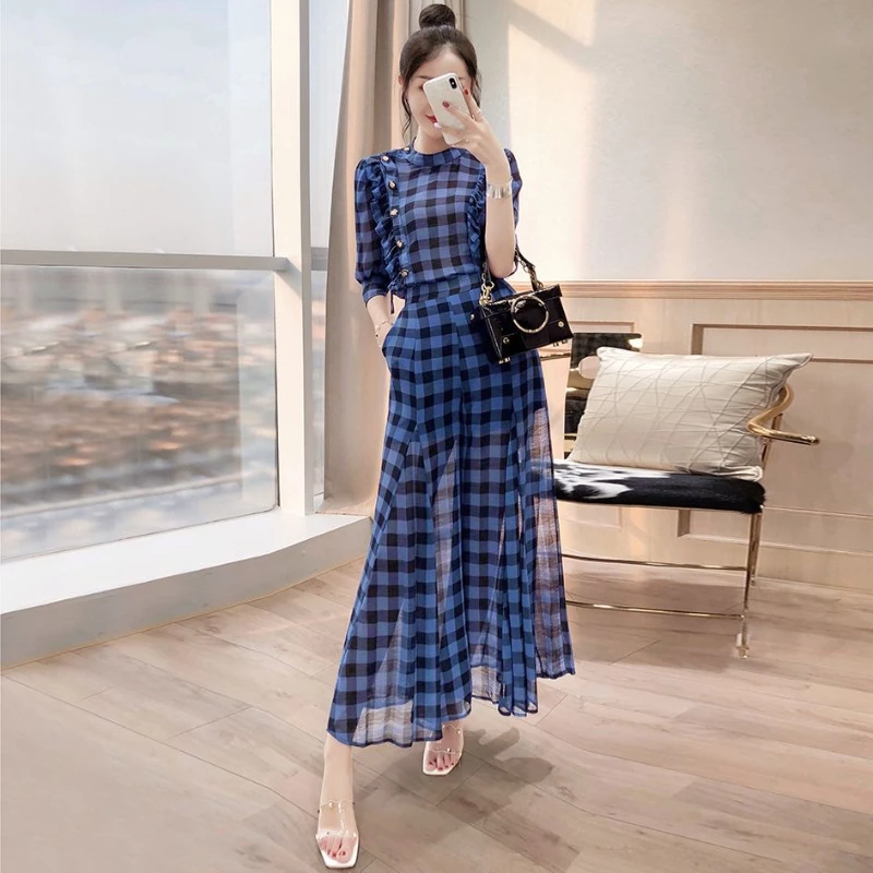 

2025 New Chiffon two-piece Sets summer women's clothing temperament plaid pants fashionable wide leg pants set