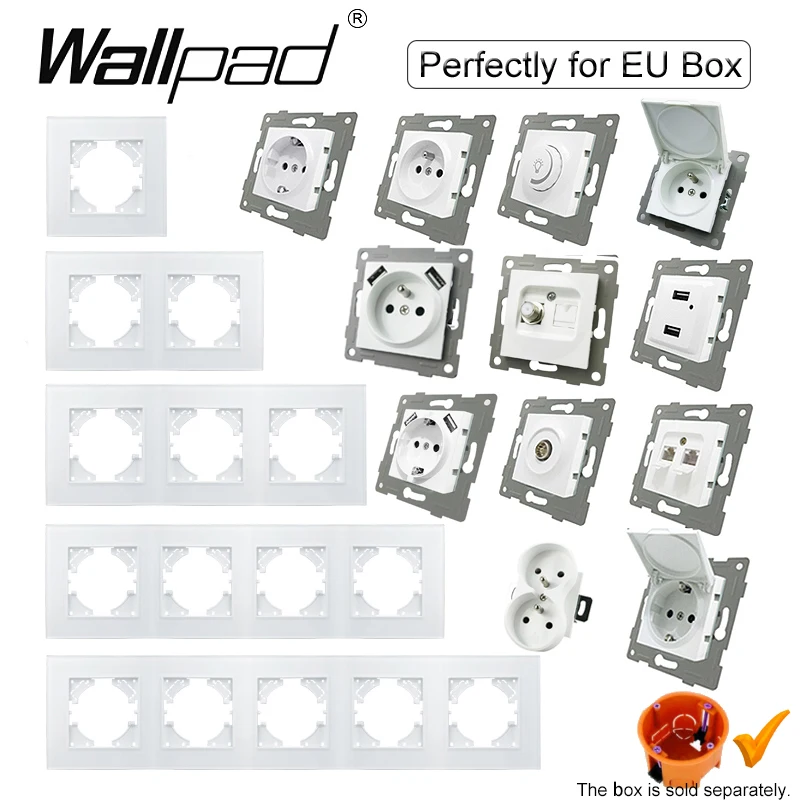 EU Round Box Double Socket with Cap and with 2 USB 110V-250V Wallpad DIY White Glass Panel 156*86mm Electrical Sockets