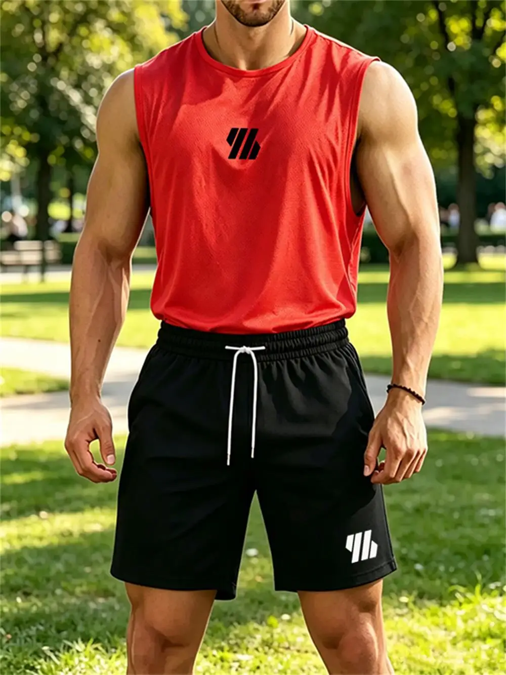 2026 new Men's Brand Vest Two-piece Fitness Running Sportswear Fashionable Printed Round Neck Vest/Breathable Shorts Sets - view 4