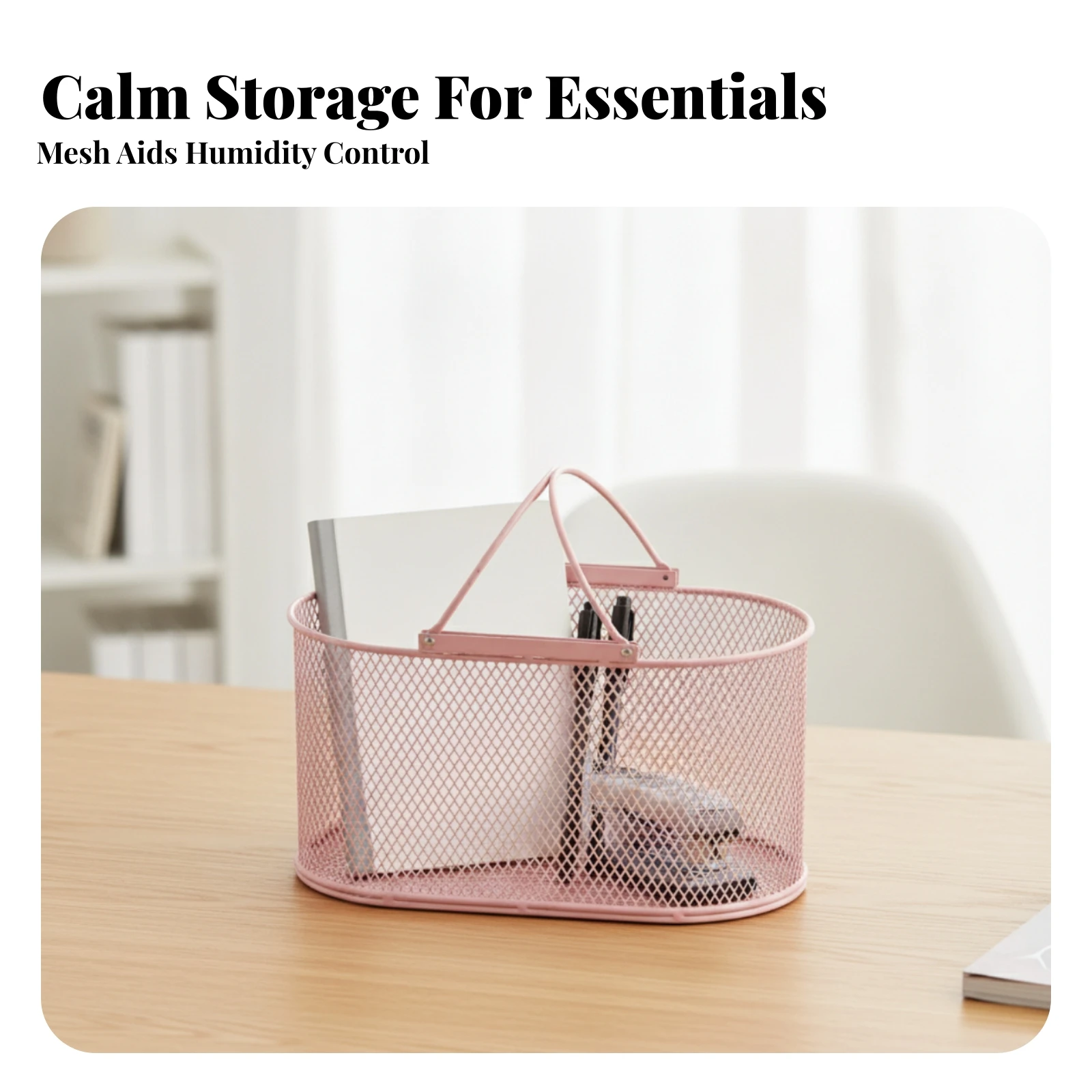 Wire Mesh Storage Basket Space-Saving Metal Wire Basket with Handle Organizer Baskets Sturdy Long-Lasting for Bathroom, Desktop