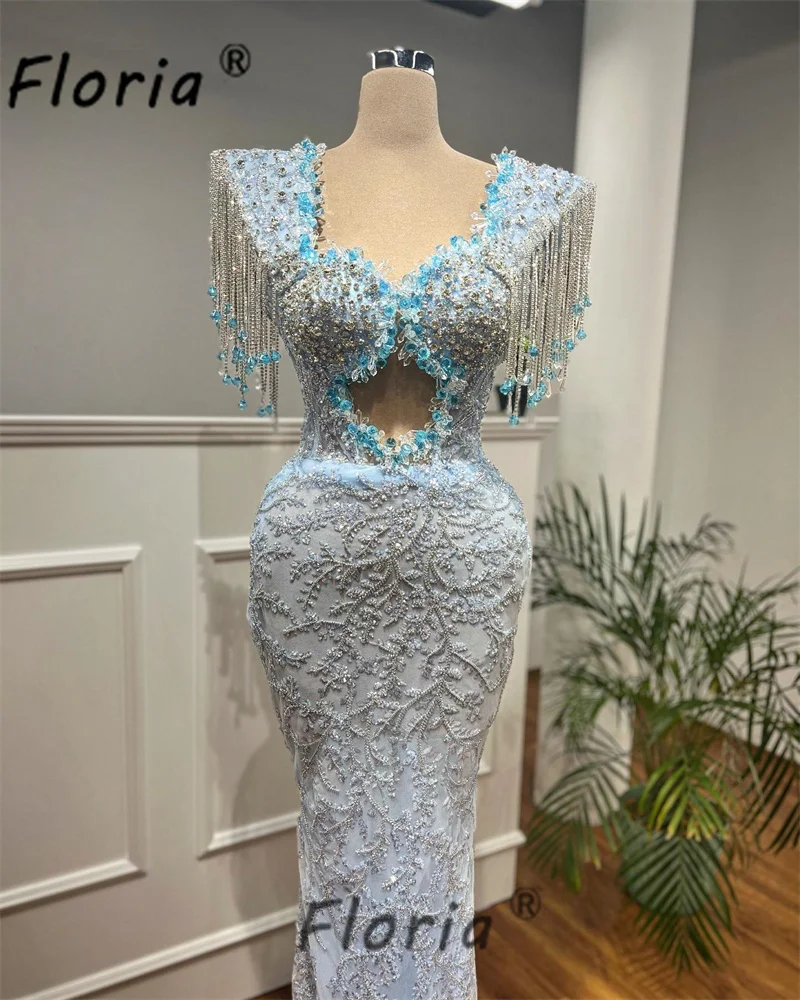 Elegant Beaded Tassel Mermaid Formal Evening Dresses Light Blue Crystal Floor Length Prom Dress Lace Red Carpet Celebrity Robes