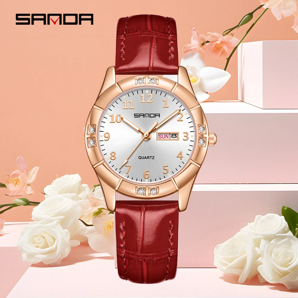 

Новые женские кварцевые часы SANDA 9096 в корейском винтажном стиле из кожи с двойным календарем, водонепроницаемые до 5ATM, с люминесцентным циферблатом и корпусом, инкрустированным бриллиантами, тонкие (10 мм)