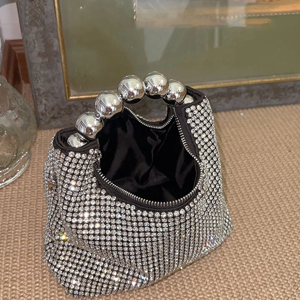 JIOMAY Fashion Steel Ball Handle Tote Bag Exquisite Rhinestone Shoulder Bags Luxury Designer Bags Purses for Women Makeup Bag