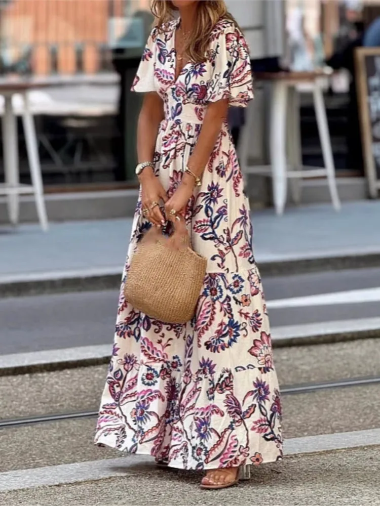 

Elegant Floral Print Dress For Women Fashion Puff Sleeve V Neck High Waist Loose Dresses Lady Casual Holiday Robe Femme Summer