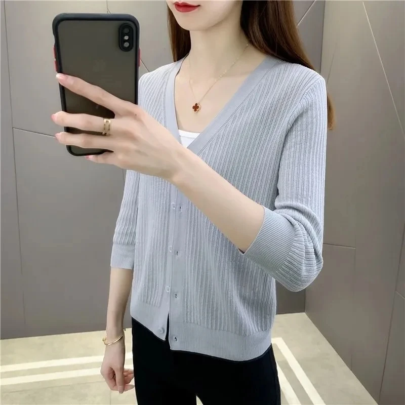 Plus Size Women\'s Knitted Cardigan Summer Thin Ice Silk Solid Short Loose V-Neck Sun Protection Hollow Top Ropa De Mujer Ofertas