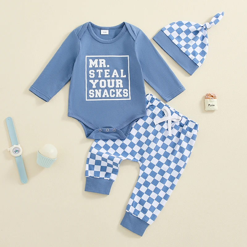 

VISgogo Baby Boy Fall Outfit Letter Print Long Sleeve Romper with Checkerboard Pants and Hat 3 Pcs Clothes Set