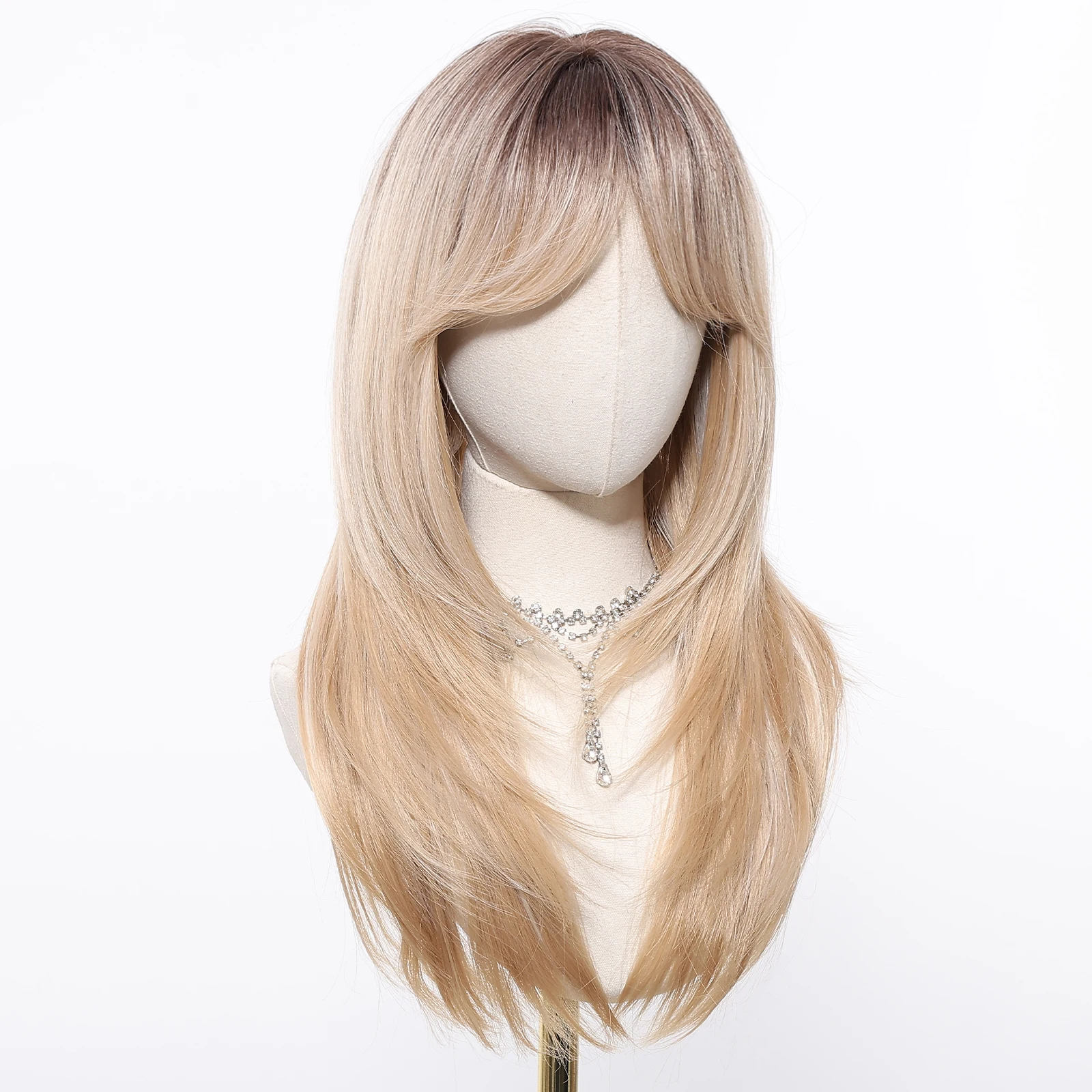 Ombre Blond Peruki Długie Proste Warstwowe Peruki z Grzywką Mieszane Blond Naturalna Syntetyczna Peruka dla Kobiet Codzienna Impreza Odporna na Ciepło