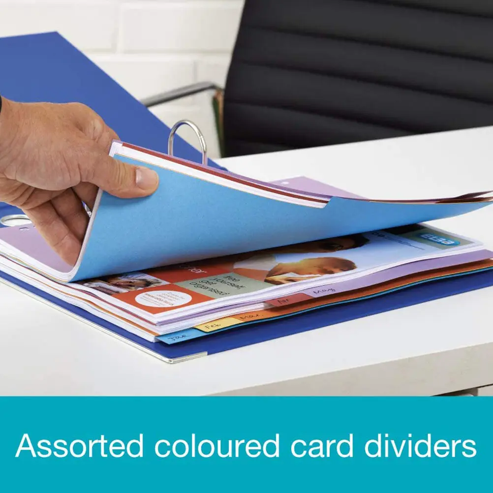 

12 цветных разделителей формата А4 с 11 отверстиями и индексными этикетками для быстрой сортировки документов и систематизации.