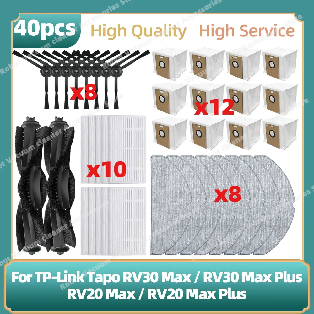 متوافق مع (TP-Link Tapo RV30 Max Plus / RV20 Max Plus / RV30 Max / RV20 Max) أجزاء حقيبة ممسحة فلتر Hepa للفرشاة الجانبية الرئيسية