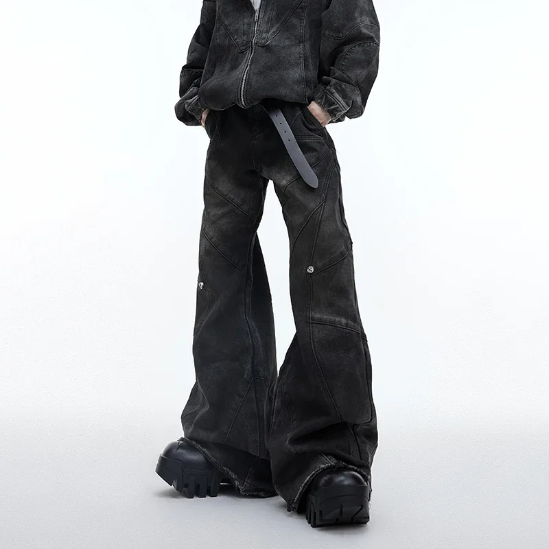 Autumn Hooded Denim Jackets Men Vintage Distressed Shoulder Pad Oversize Coat Male Hip Hop Wear Resistant Baggy Wide Leg Jeans