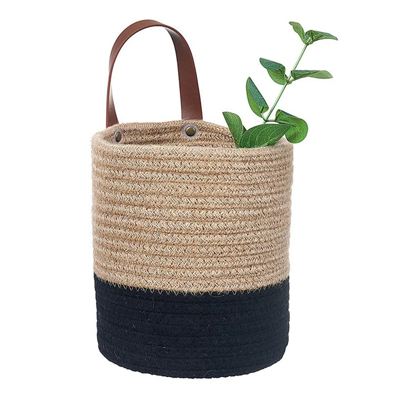 Tecido Cesta Pendurada Com Alça De Couro, Montado Na Parede, Cesta De Armazenamento, Organizador De Prateleira Para Plantas, Decoração De Casa, Grande, Quente, 2X