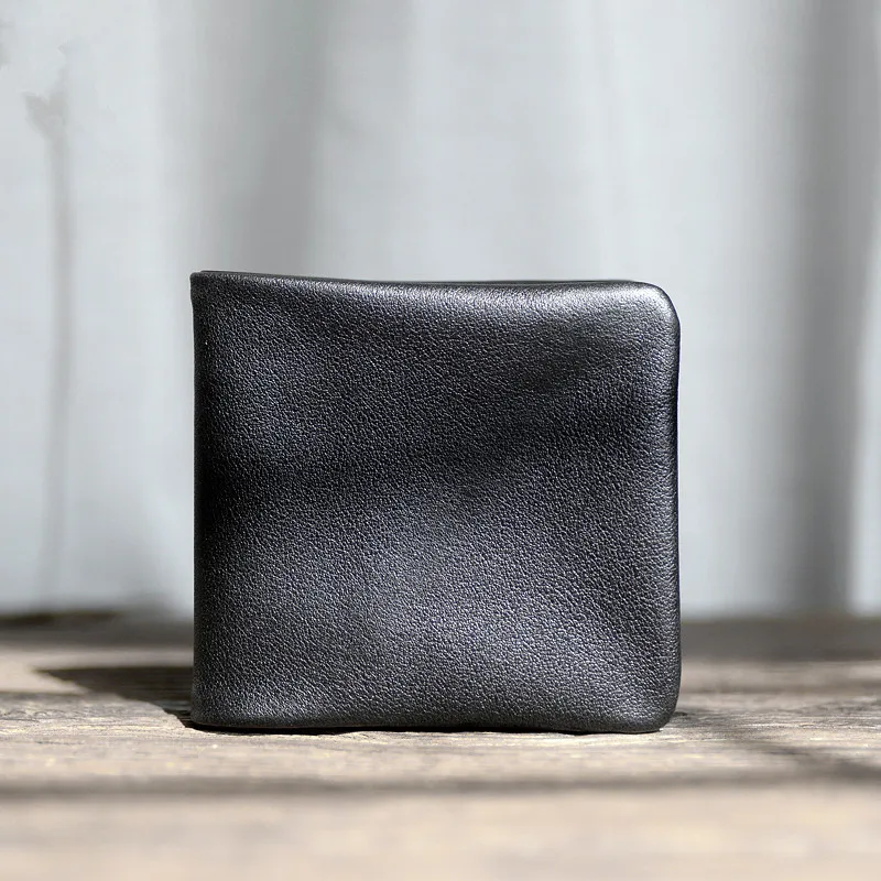 High quality soft genuine leather men's short wallet casual simple youth real full cowhide thin credit card holder black purse