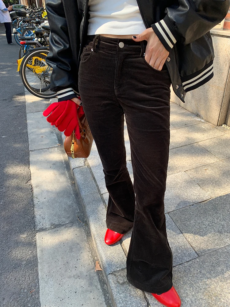 

High Waist Corduroy Flared Pants Women's Autumn Winter New Style Korean Simple Commute Style Cotton Ladies Casual Pants