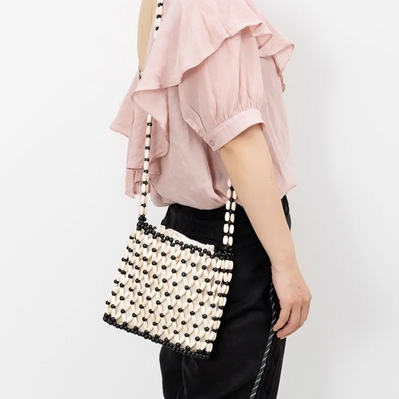 New Retro Wooden Bead Weaving Single Shoulder Bucket Bags Simplicity Leisure Beach Vacation Summer Women's Bag Unique Design