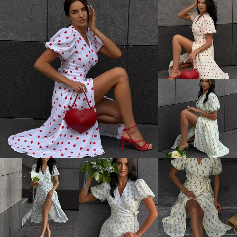 

Women Cotton Floral Wrap Midi Dress Puff Sleeve V Neck A Line Dress Side Slit Summer Muslin Dress Casual Holiday Party Wear Chic