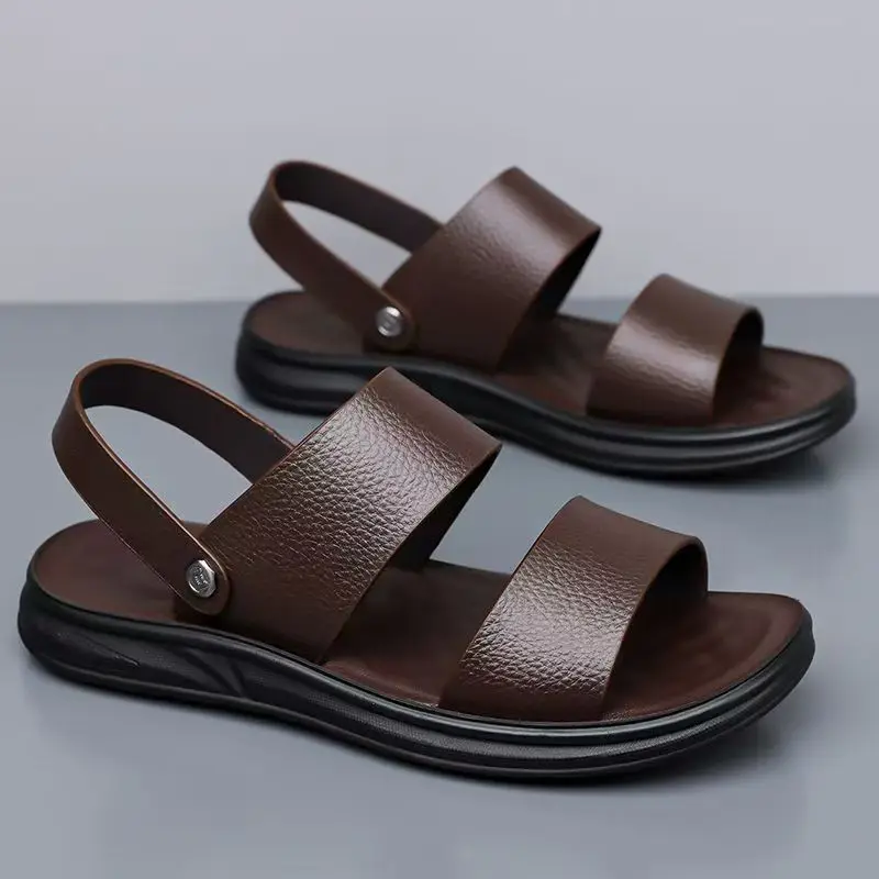Men Real Leather One Word Sandals Summer New Soft sole Non Slip Dual Purpose Outdoor Beach Sandals Slippers Driving Sandals