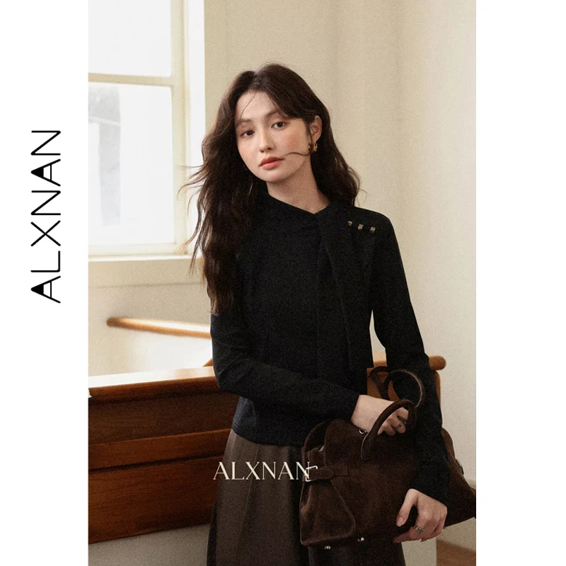 

ALXNAN Women's T-shirt Black Long Sleeve Cotton T-shirts Trend 2025 Autumn Office Lady Casual Slim-fit Female Tops L57505