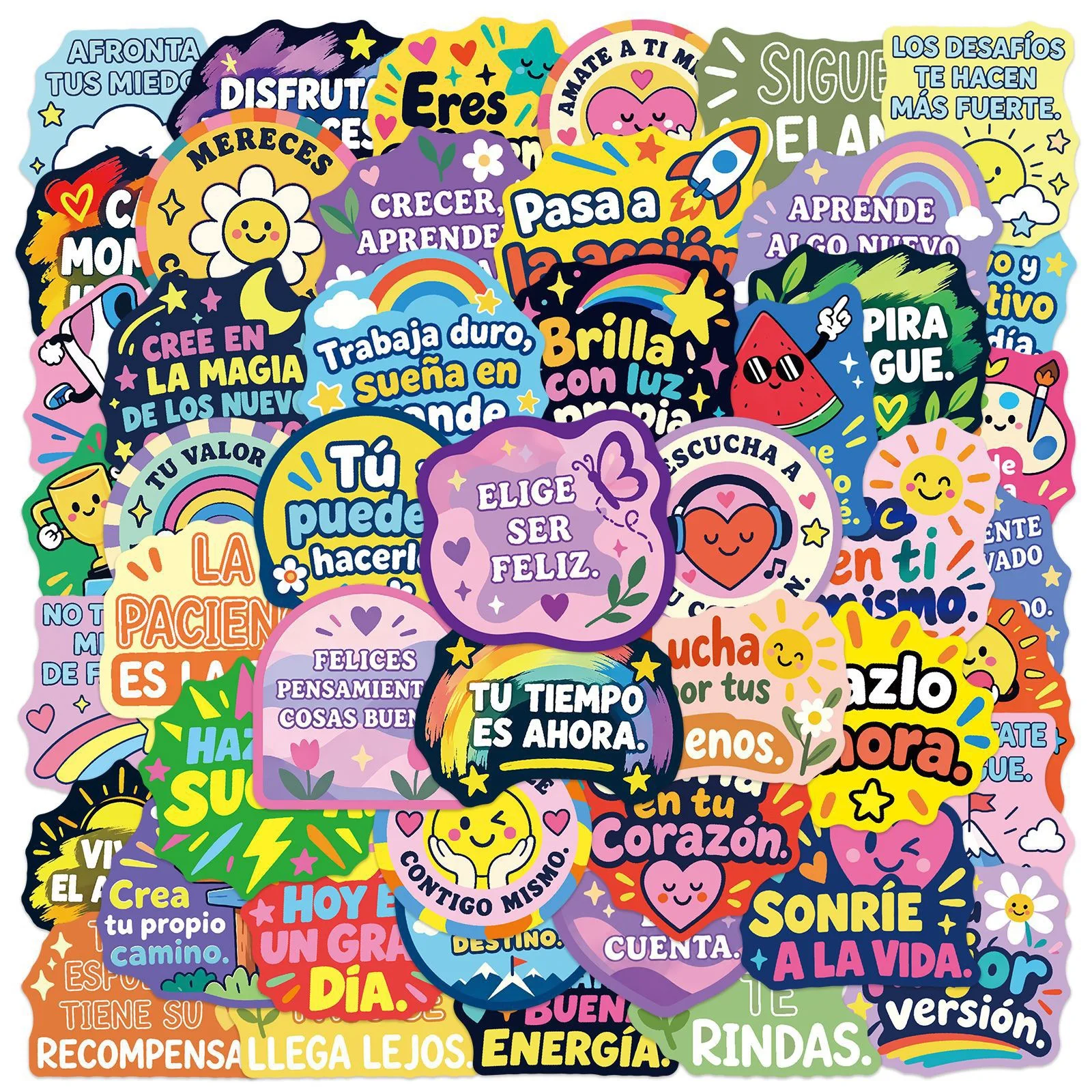 50pcs Colorful Spanish Inspirational Words Text Graffiti Stickers For Phone Laptop Scrapbook Guitar DIY Aesthetic Stickers