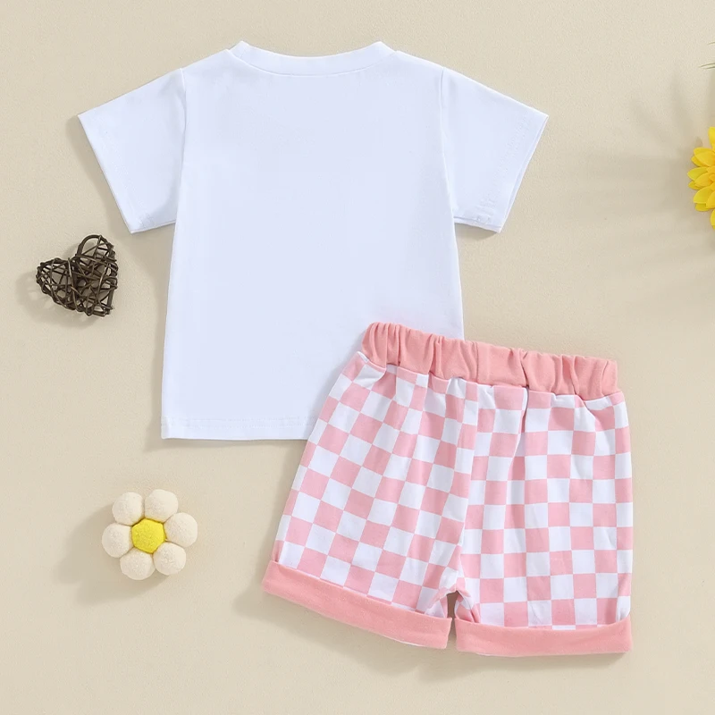 Baby Girl 2Pcs Summer Outfits Short Sleeve Tops Checkerboard Shorts Set Toddler Clothes