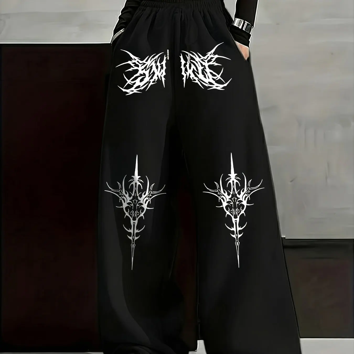 Trendy and Cool Metallic Font Pattern Print, Casual and Sporty Women's Wide Leg Straight Leg Pants