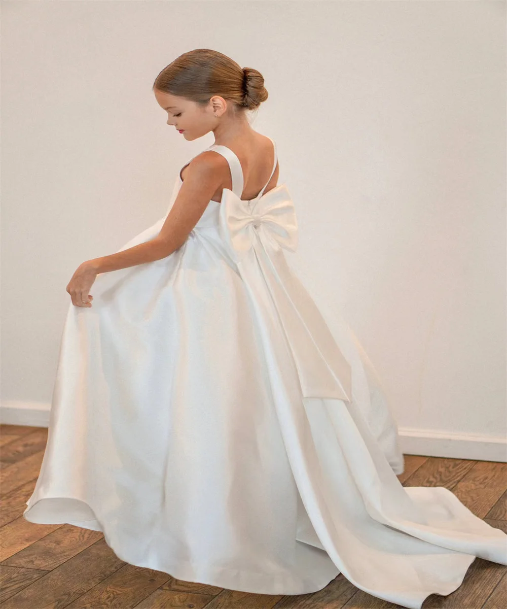 Robe de demoiselle d'honneur en satin blanc avec nœud, robe de Rhélégante pour enfants, mariage, fête d'anniversaire, première communion