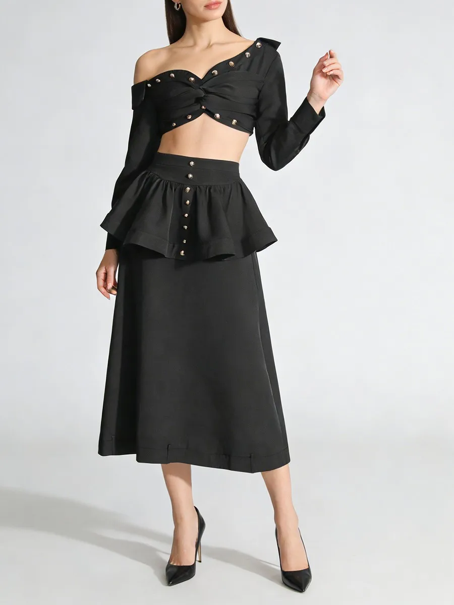 TWOTWINSTYLE Fashion Spliced Bead Two Piece Sets for Women Diagonal Collar Long Sleeves Top Patchwork Ruffles Skirt Set Female