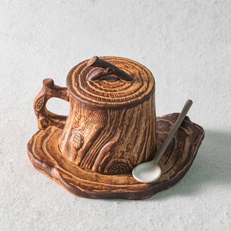 Creative Retro Tree Stump Shaped Handmade Rough Pottery Coffee Cup Japanese Handmade Coffee Mug with Coaster Art Latte Art Cup