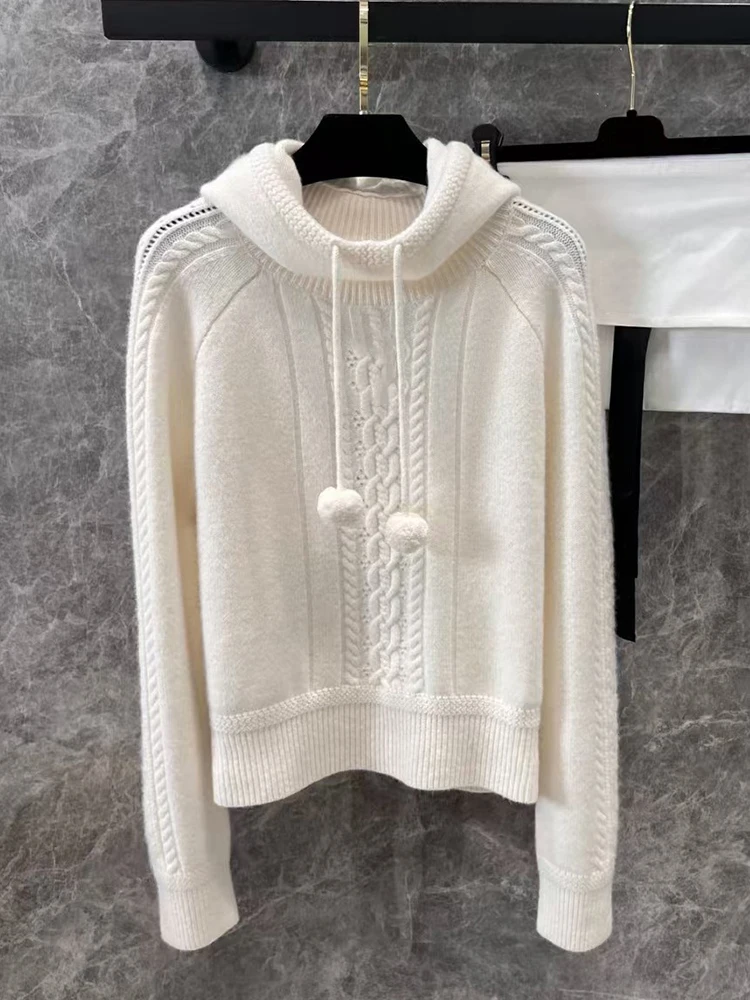 Designer hairball drawstring hooded cashmere sweater 2024 fall women's new fashion all-match straight tube knit pullover