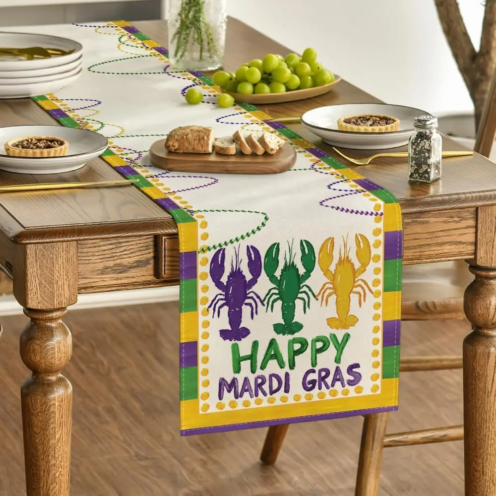 Happy Mardi Gras Prawns Stripes Linen Table Runner Party Decor Carnival Kitchen Dining Table Runner Mardi Gras Decorations