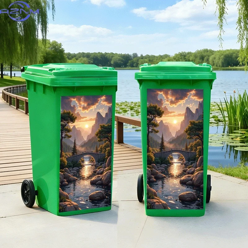Trash Can Sticker, Stream and Bridge Sunset Scene, Animal Theme Design, Self-Adhesive Wall Decal Wallpaper, Kitchen Trash Can