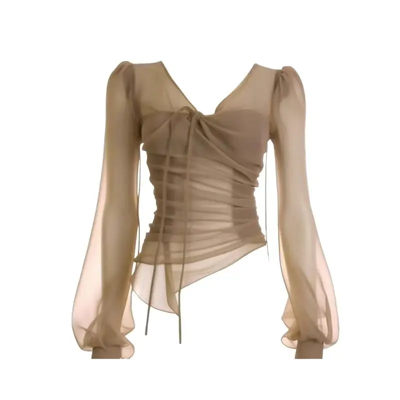 

Футболка с v-образным вырезом, однотонная сетка с длинными рукавами, модные повседневные женские топы