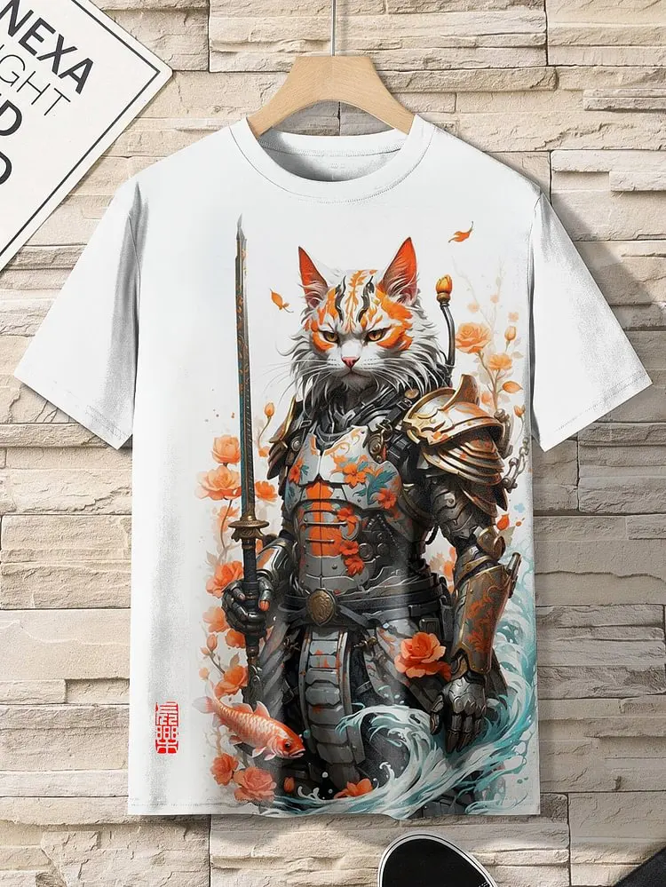 Men's Edo Cat Samurai Warrior Japanese Art 3D Print Casual T-Shirts Men/Women Short Sleeve O-Neck Top Oversized Tee Kid Clothing image 6