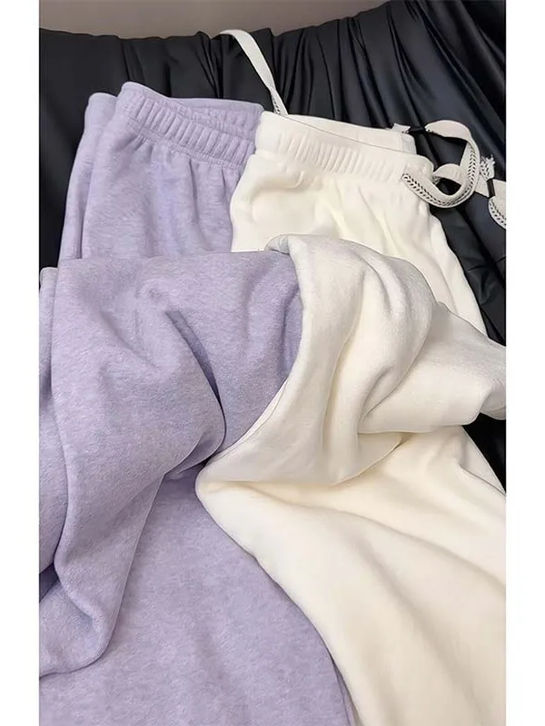

High Waist Drawstring Fleece Lined Wide Leg Pants Soft Cozy Winter Casual Trousers Trendy Commute Style Korean Fashion