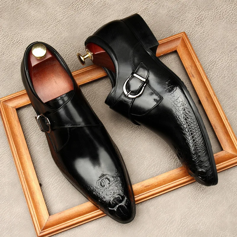 HNXC Monk Strap Mens Loafers For Wedding Crocodile Pattern Black Brown Genuine Leather Slip On Men Dress Shoes Casual Business