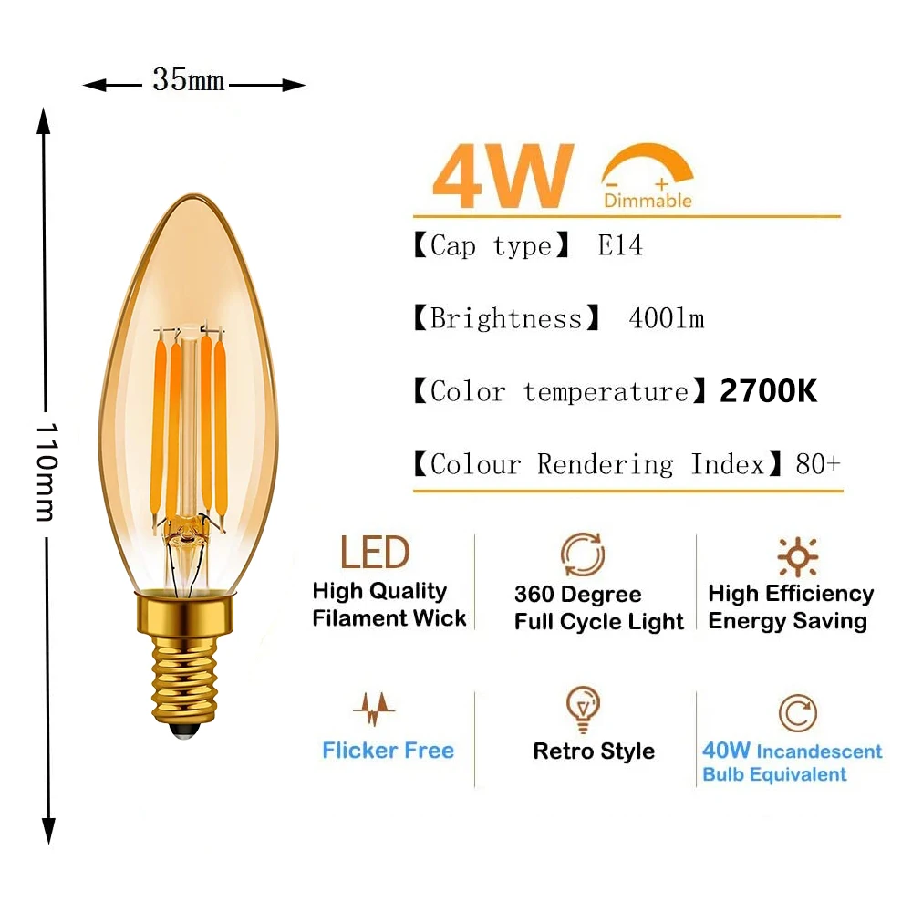 E12 E14 Candle Led Bulb C35 4W Amber Glass 110V 220V Warm White 2700K Decor Candelabra Antique Lamp Dimmable Led Filament Bulb