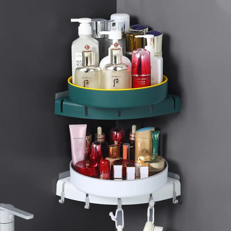 Bathroom Corner Rotating Toiletries Storage Rack Kitchen Punch-Free Wall Mounted Spices Organization Shelf Home Sundries Holders