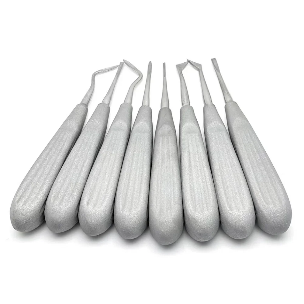 8Pcs Dental Luxating Lift Elevator Kit Dental Elevator Frosted Non-slip Handle Curved Root Tooth Extraction Dental Tools