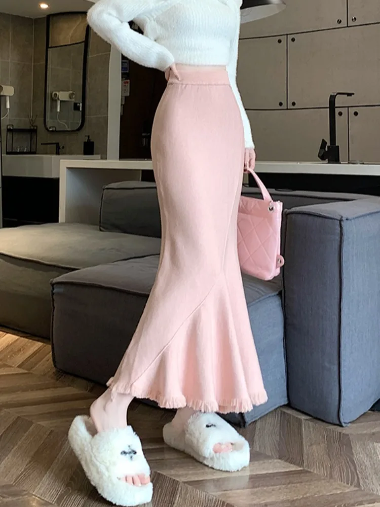 Khaki Tassel Knitted High Waist Slim A-Line Woolen  Skirt Women's Autumn Fish Tail Skirt Bodycon Draped Fullness