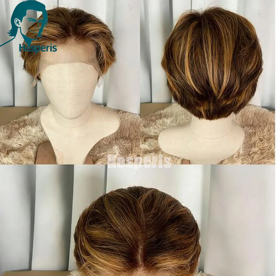 Hesperis Men's Human Hair Wig Blonde Highlight Short Style Pixie Cut Male Wigs With Baby Hair 13x6 Lace Front Human Hair Wigs
