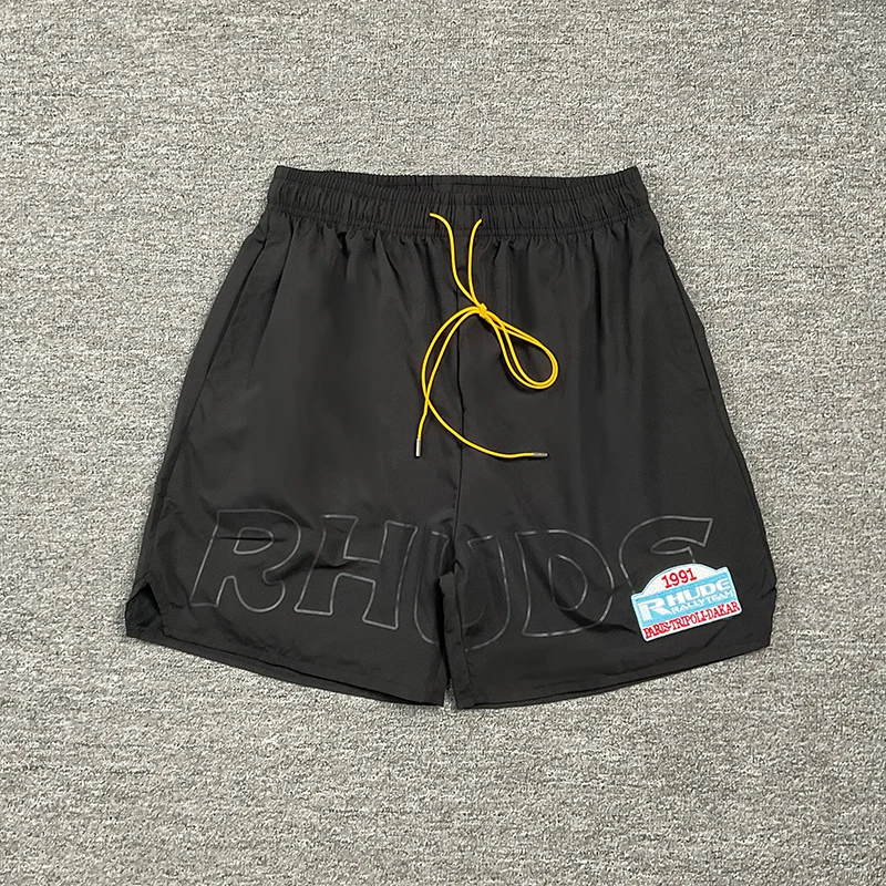 New RHUDE Unisex Elastic Waist Street Shorts Bold Outline Letter Patch Detail Loose Drawstring Casual Bottoms