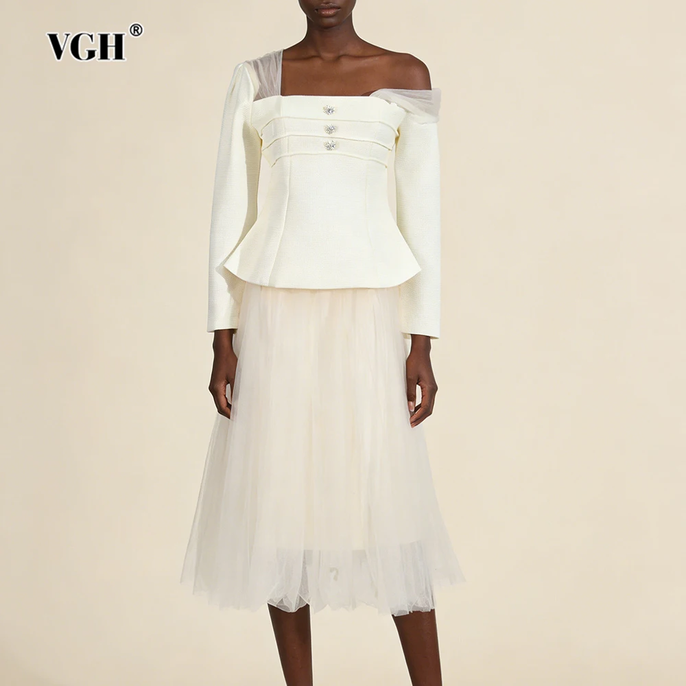 VGH Design Sense Niche Slimming Two Piece Sets For Women Square Collar Long Sleeve Top High Waist Skirt Temperament Set Female