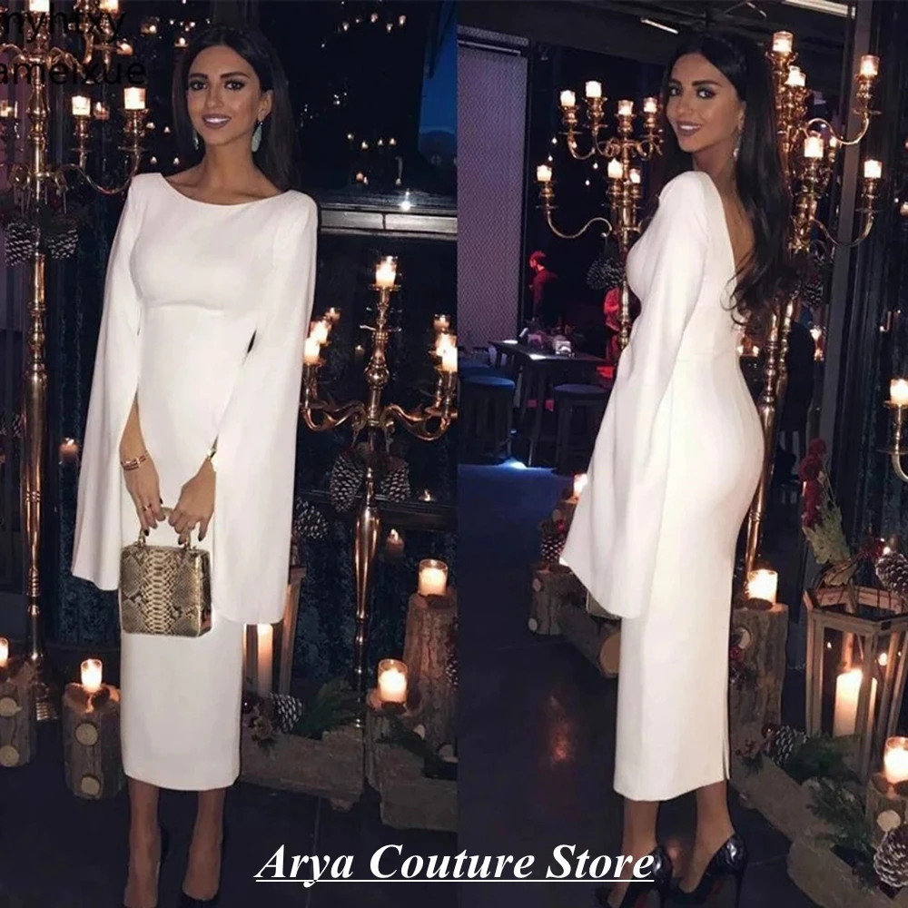 2024 New Elegant Cocktail Dresses White Sheath Long Sleeve Slim Backless Boat Neck Formal Party Vestido De Fiesta