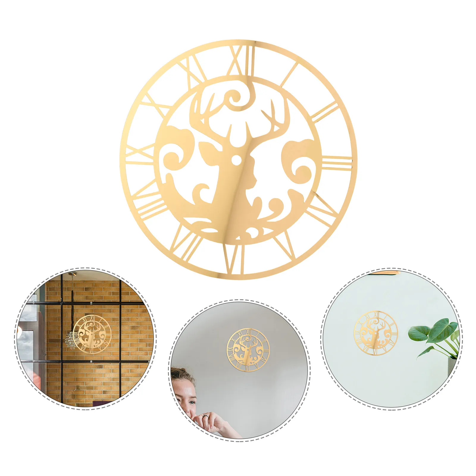 Frameless Deer Shape Acrylic Mirror Wall Sticker Clock Round DIY Silent Wall Clock for Living Room Bedroom Office Decoration