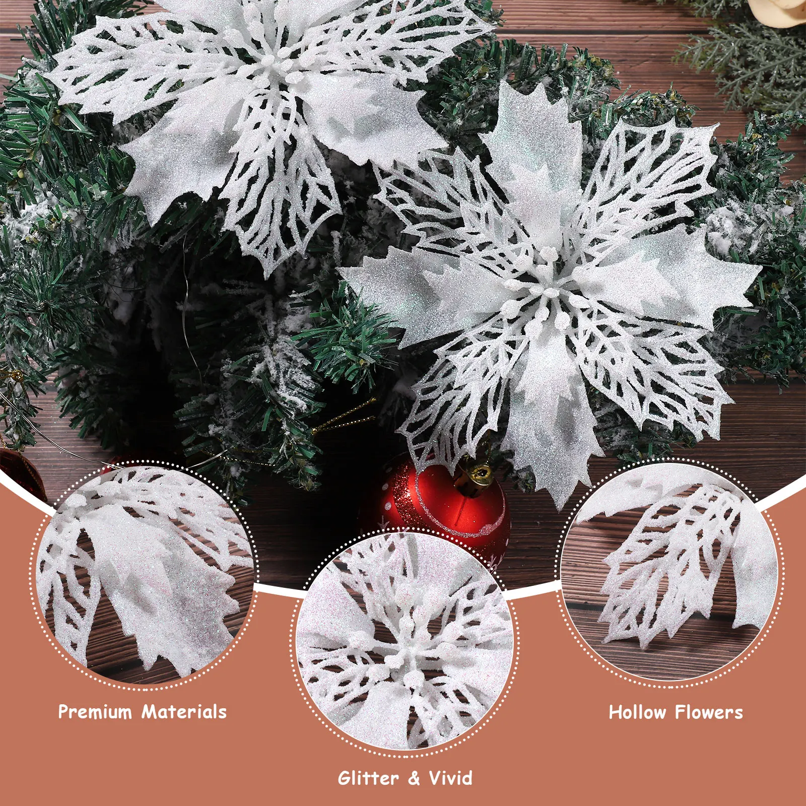 12 قطعة من زهور البونسيتة اللامعة لتزيين شجرة الكريسماس وزخارف الزهور الاصطناعية لغرفة الحفلات وديكور زهرة عيد الميلاد #2